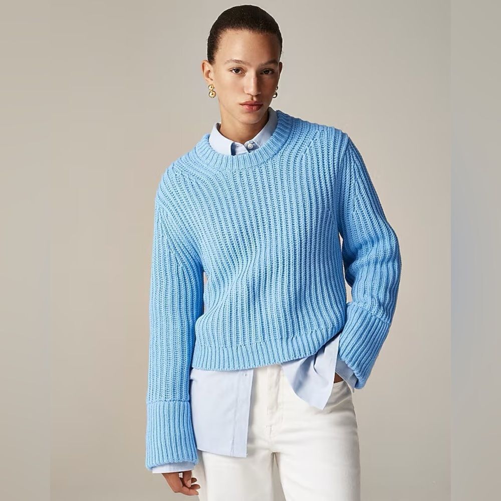 NWT J CREW Heritage cotton fisherman crewneck sweater in blue - Picture 3 of 6